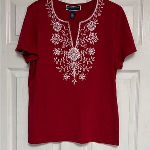 Karen Scott Red Short-Sleeve Top with White Floral Embroidery